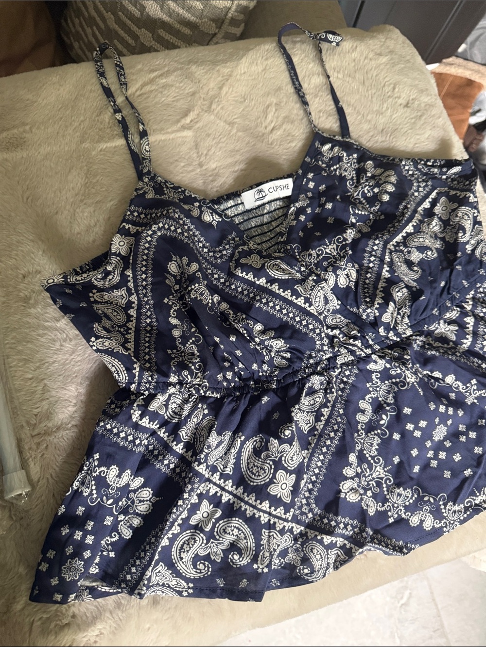 Cupshe Navy Paisley Smocked Cami Top